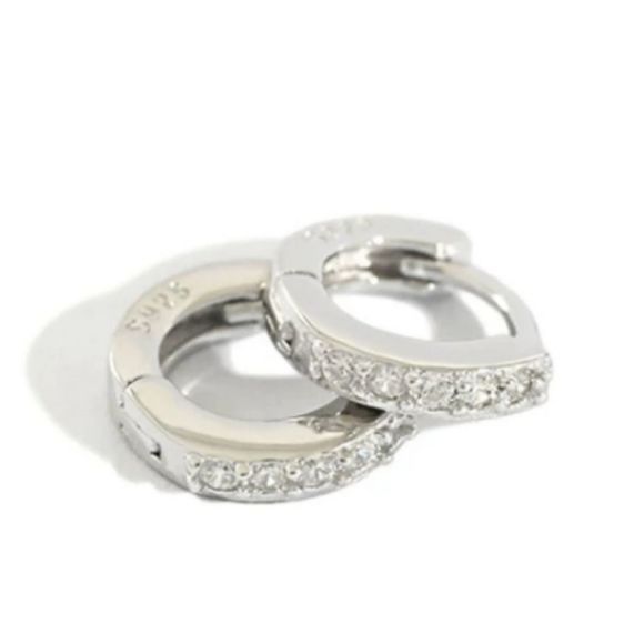 Diamond Silver Earrings, Cubic Zirconia Pierced Hoops, 925 Sterling Silver - Picture 2 of 10